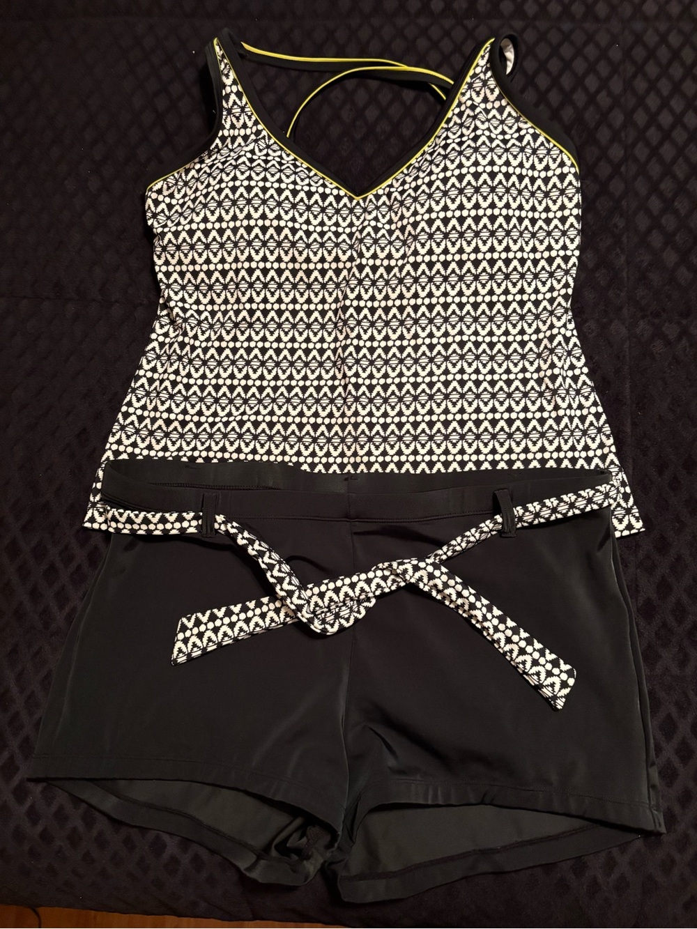 Black & White Patterned Women’s Tankini with Black Swim Shorts